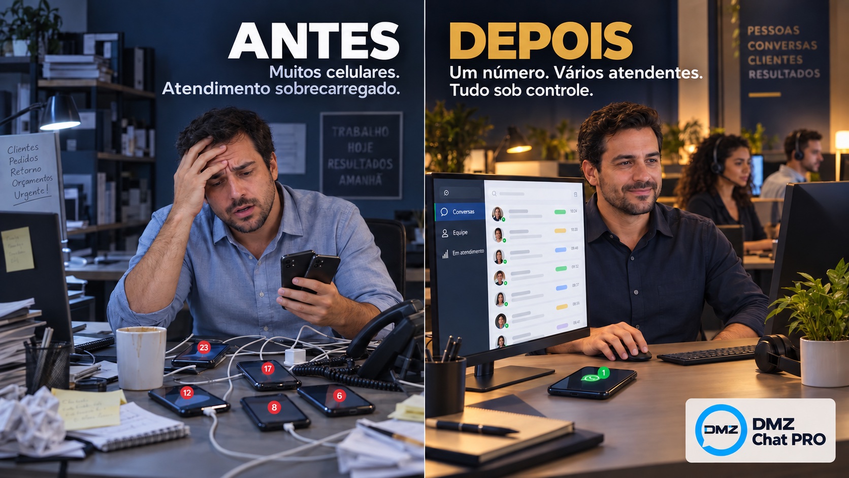 Comparativo ilustrativo entre atendimento espalhado por celulares e uma equipe com atendimento organizado no DMZ Chat