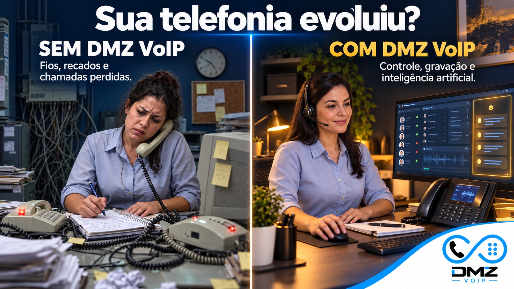 Comparativo ilustrativo entre telefonia tradicional e DMZ VoIP